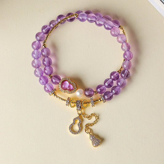 Amethyst Fu-Lu double-wrap bracelet with one freshwater pearl, 6mm