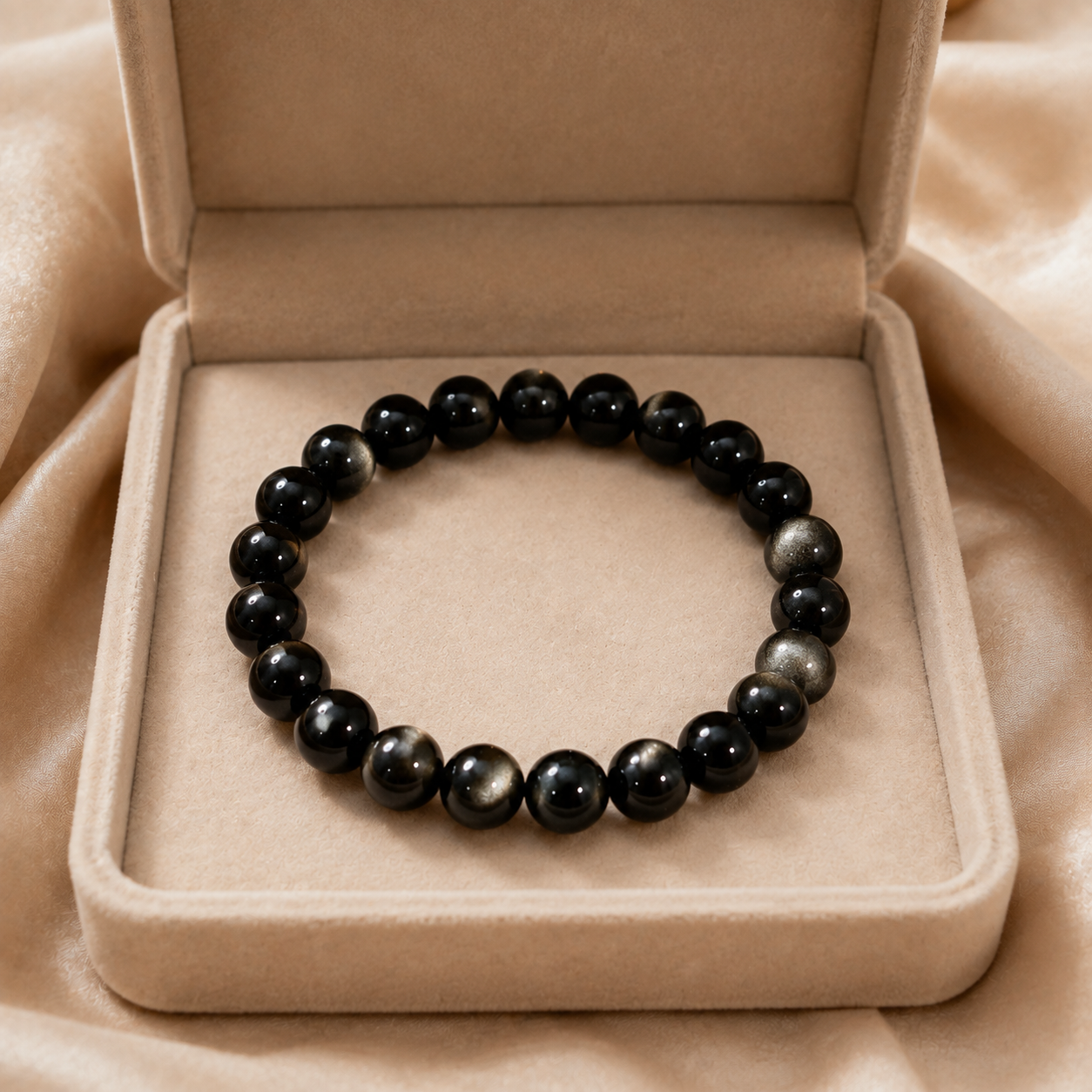 7A Silver Sheen Obsidian Bracelet – 8mm – beige velvet gift-box view
