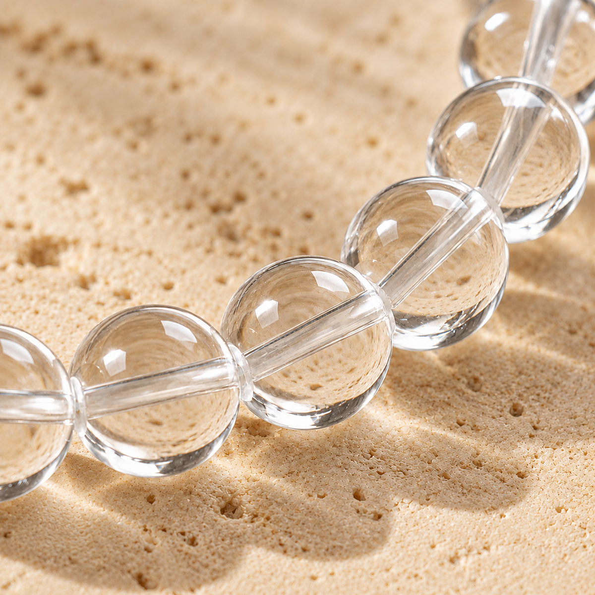 7A Natural Clear Quartz Bracelet 8mm – transparent bead macro detail
