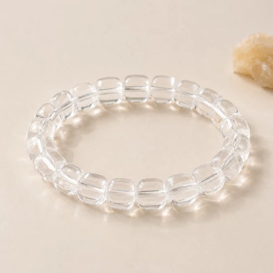 7A Clear Quartz Barrel Bead Bracelet – centered flatlay product view