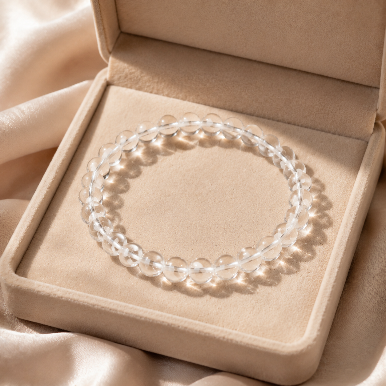 Natural Clear Quartz Bracelet – Minimalist – beige velvet gift-box view
