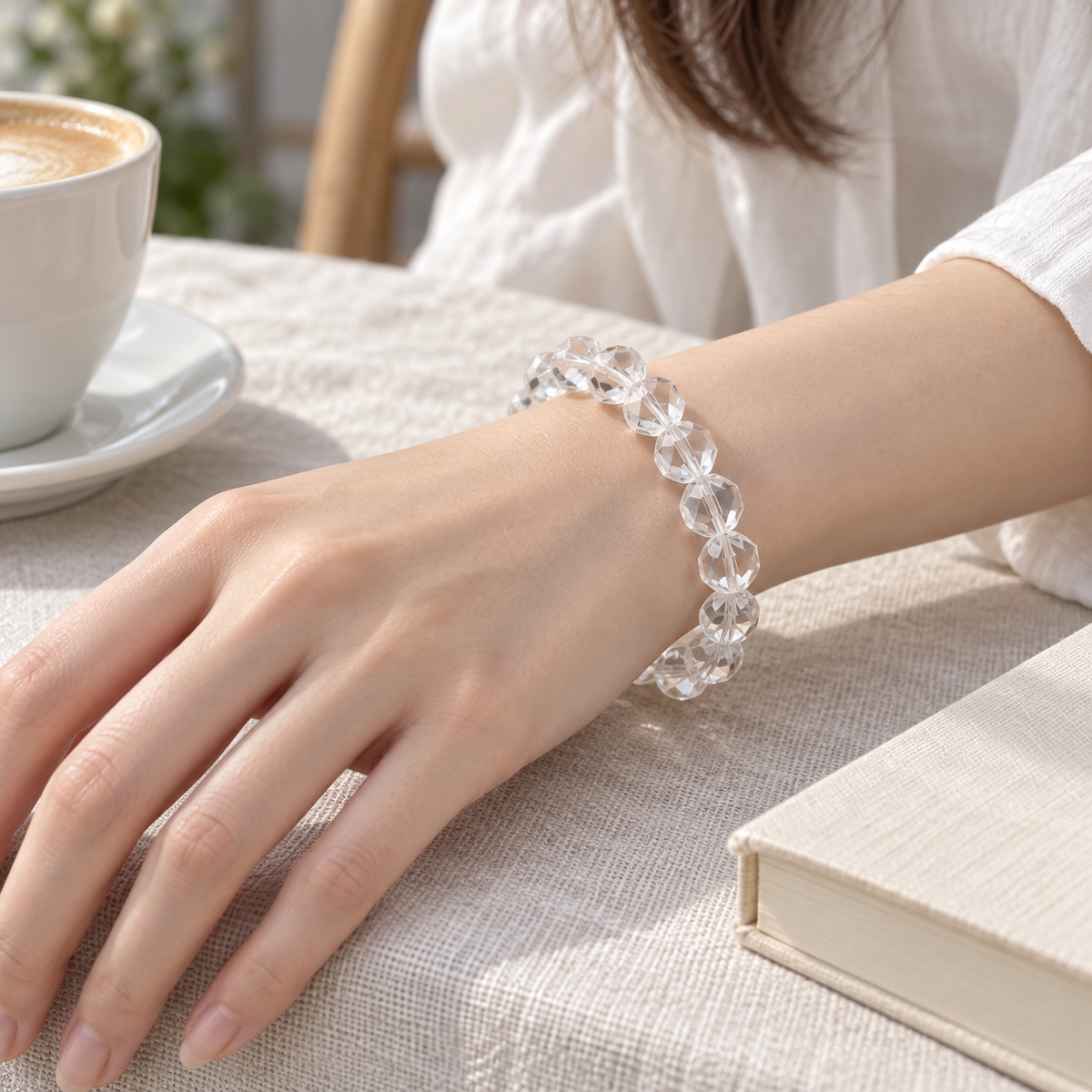 Natural Faceted Clear Quartz Bracelet – linen table wrist view