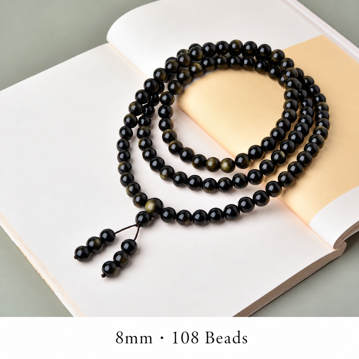8mm golden sheen obsidian 108-bead bracelet with twin beaded cord tails