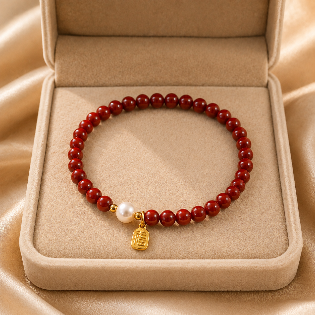 Imperial Cinnabar & Freshwater Pearl Bracelet – beige velvet gift-box view