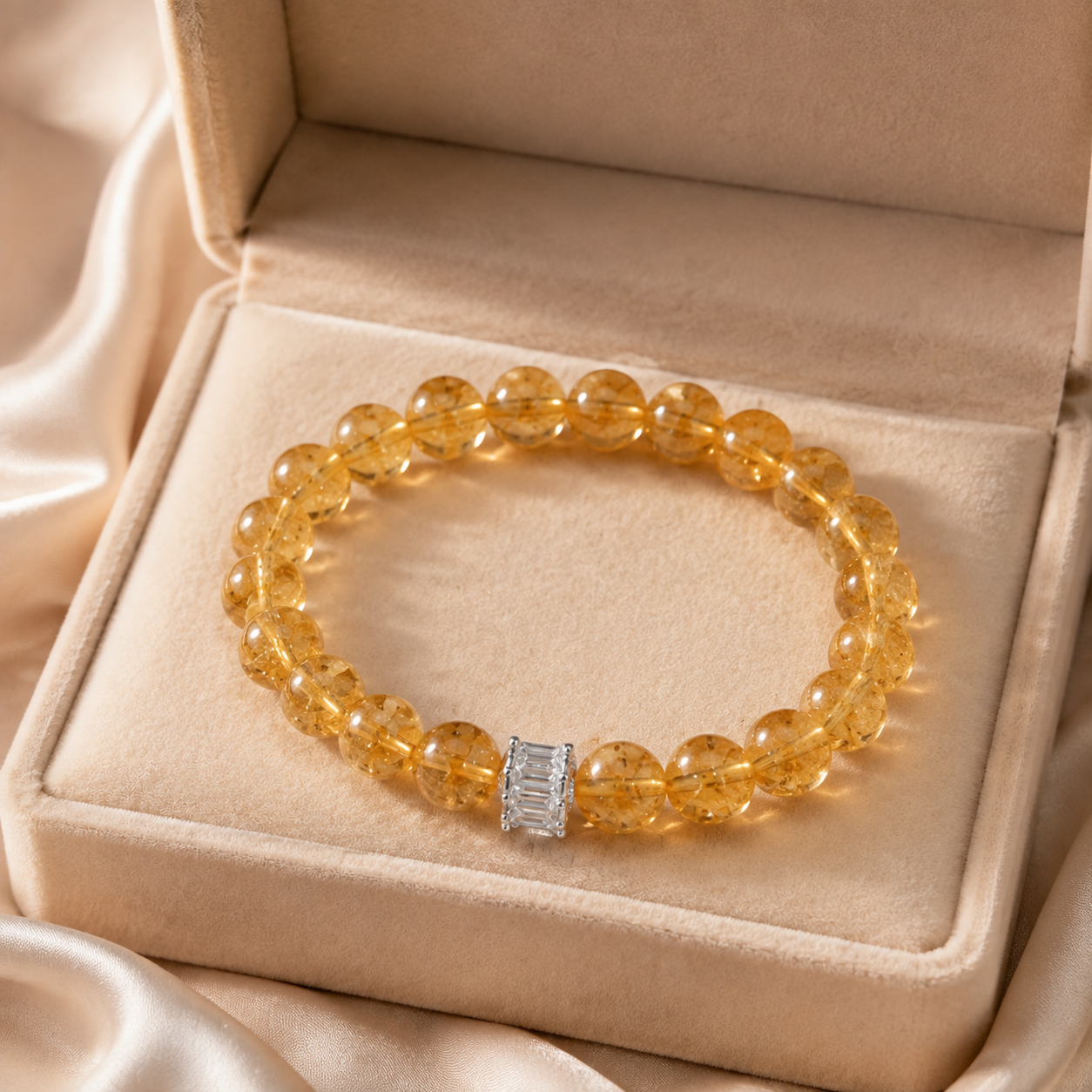 Natural Citrine Bracelet – 10mm – beige velvet gift-box view
