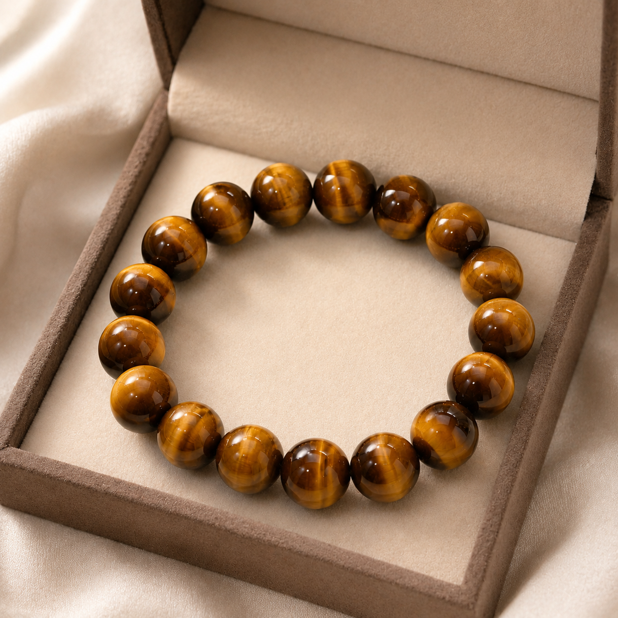 Natural Golden Tiger Eye Bracelet – 12mm – beige velvet gift-box view