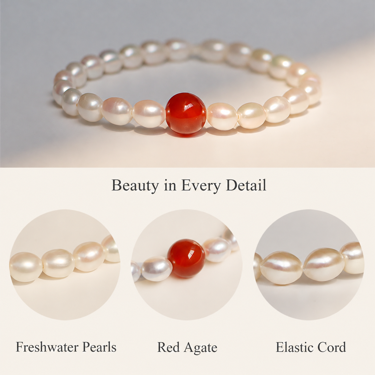 Freshwater pearls, red agate and elastic cord details with English labels