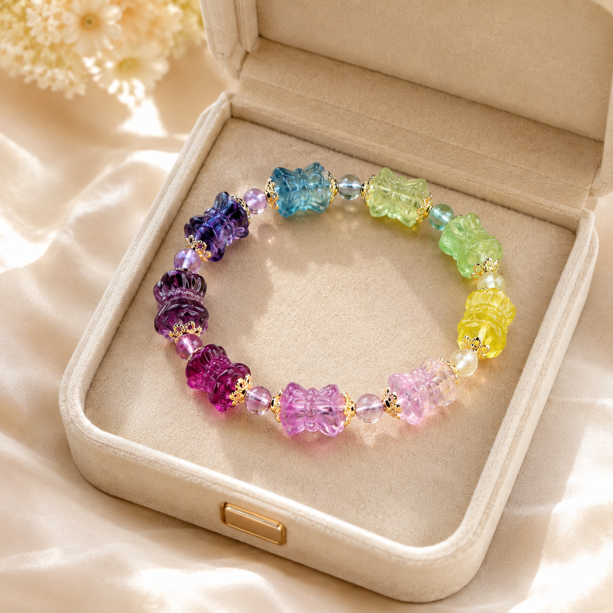 Natural Rainbow Fluorite Lotus Bracelet – beige velvet gift-box view