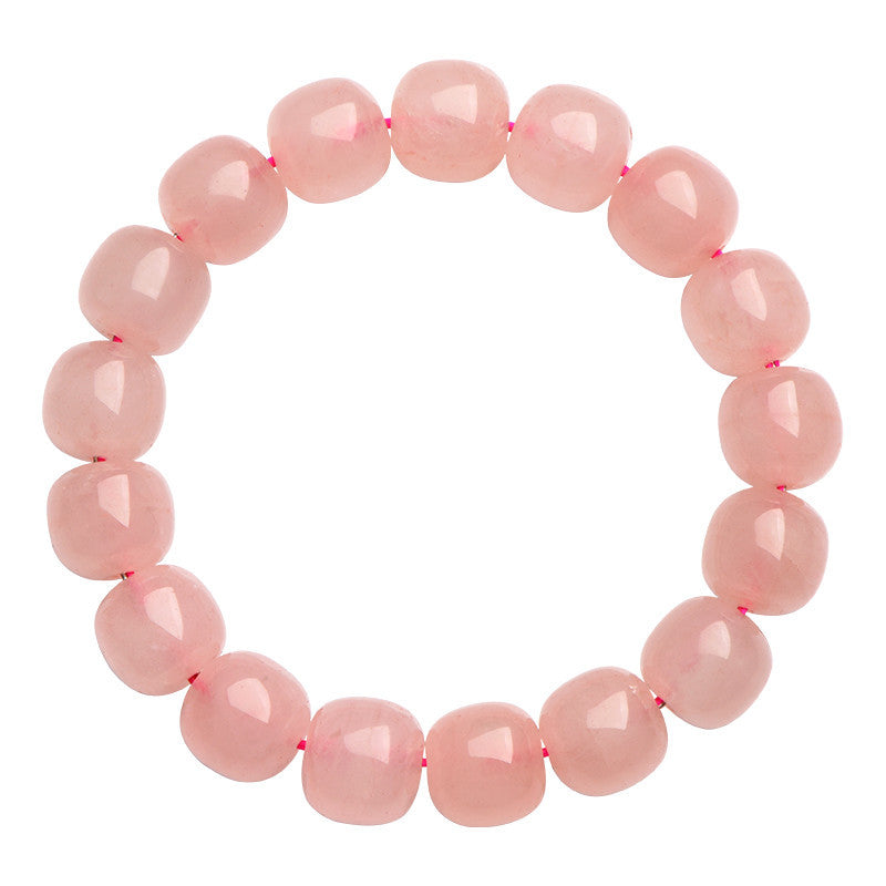 Natural pink rose quartz barrel bead bracelet — top