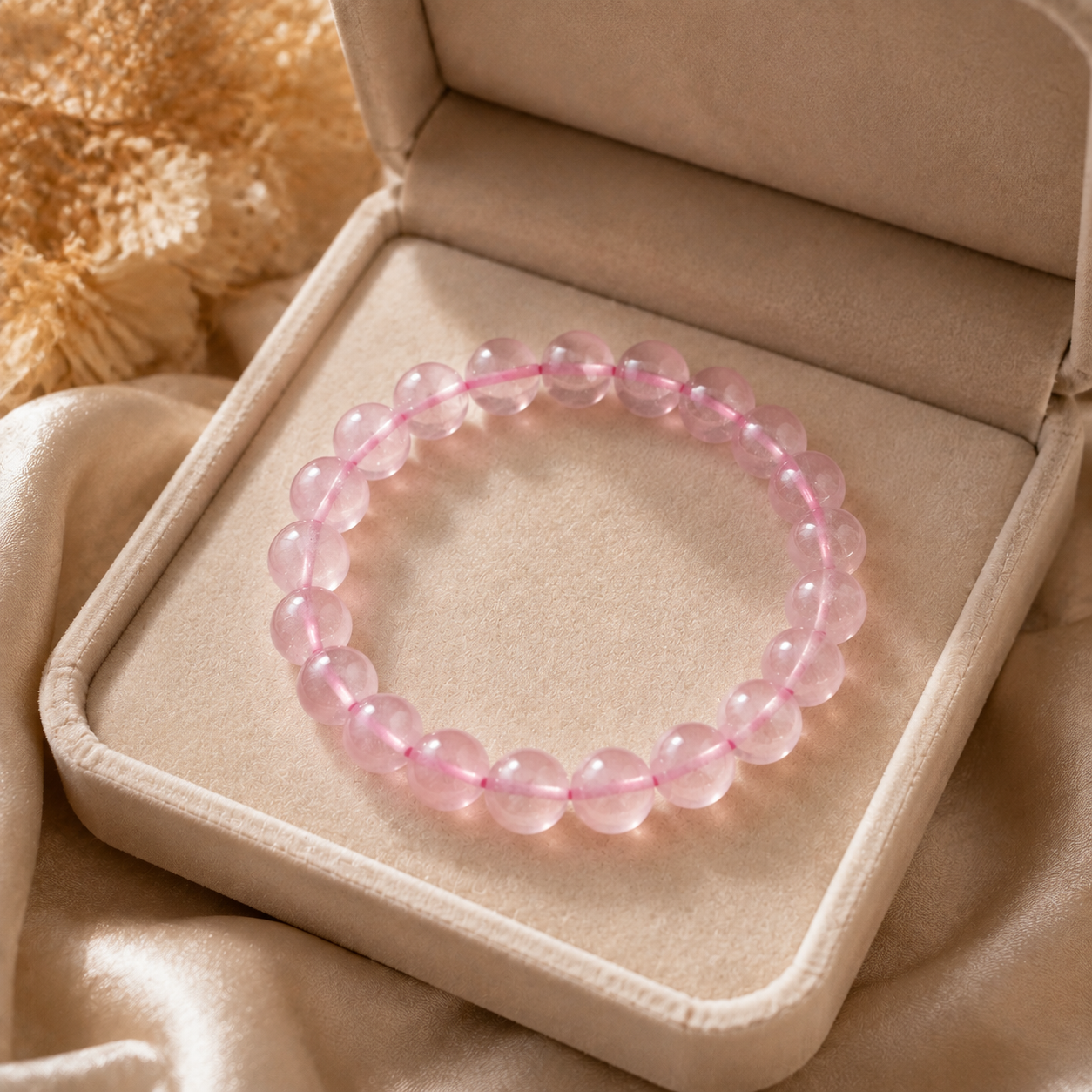 Natural Rose Quartz Bracelet – Pink Cord – beige velvet gift-box view