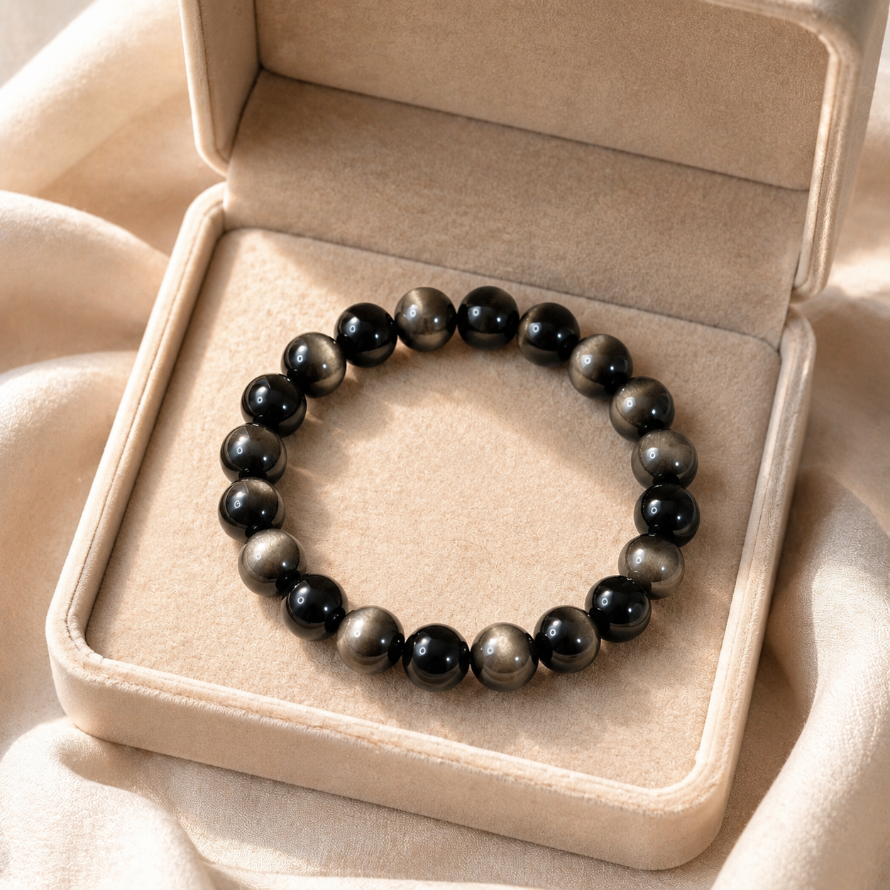 7A Silver Sheen Obsidian Bracelet – Multi-Size – beige velvet gift-box view