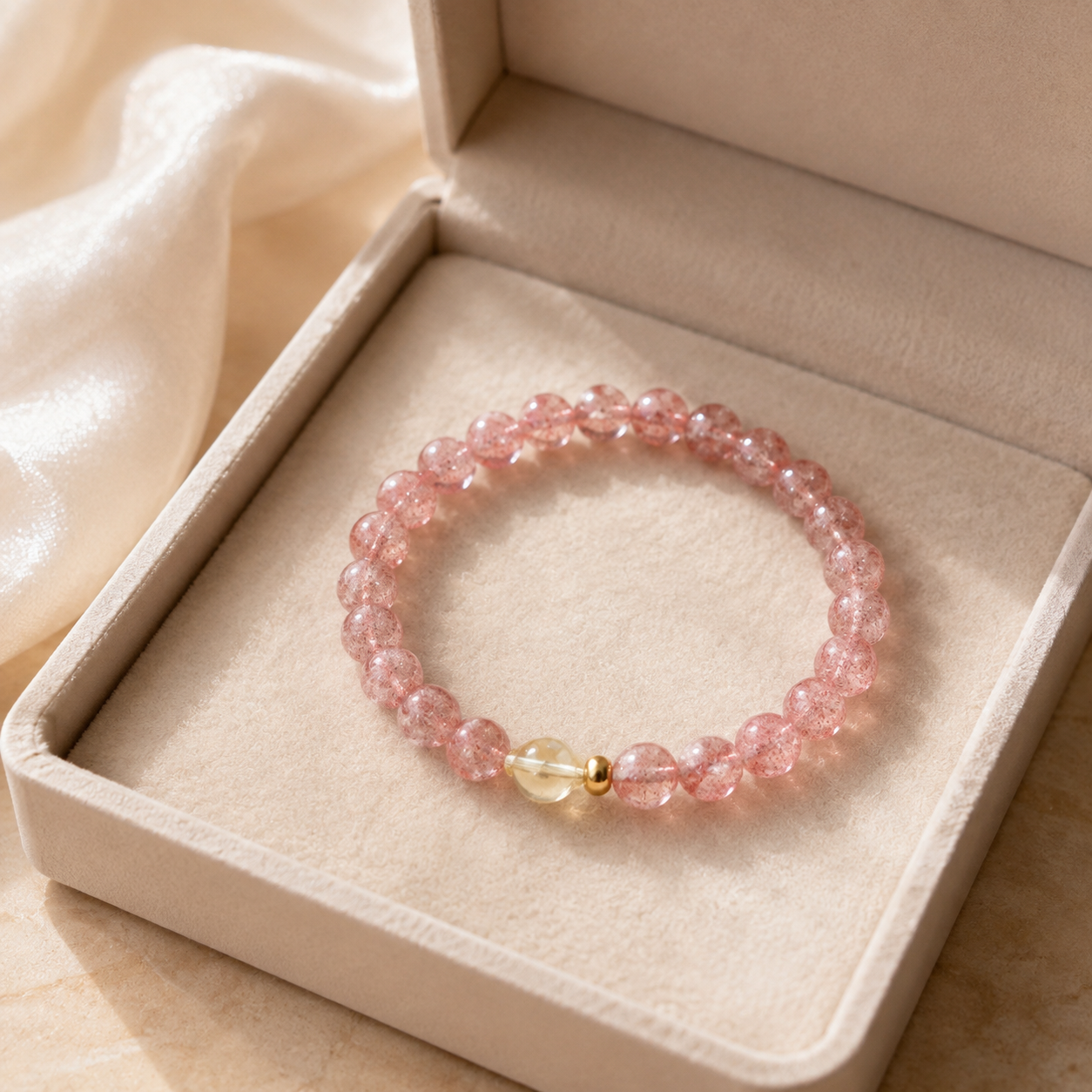 Strawberry Quartz & Citrine Bracelet – 6mm – beige velvet gift-box view