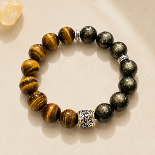 Tiger Eye & Golden Sheen Obsidian Bracelet – 14mm – centered flatlay product view