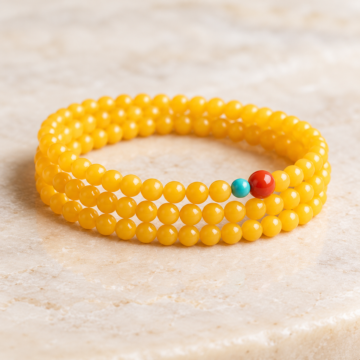 Yellow agate triple-wrap bracelet, detail and styling view 7