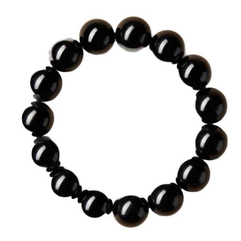 Original complete jet-black obsidian round bead bracelet