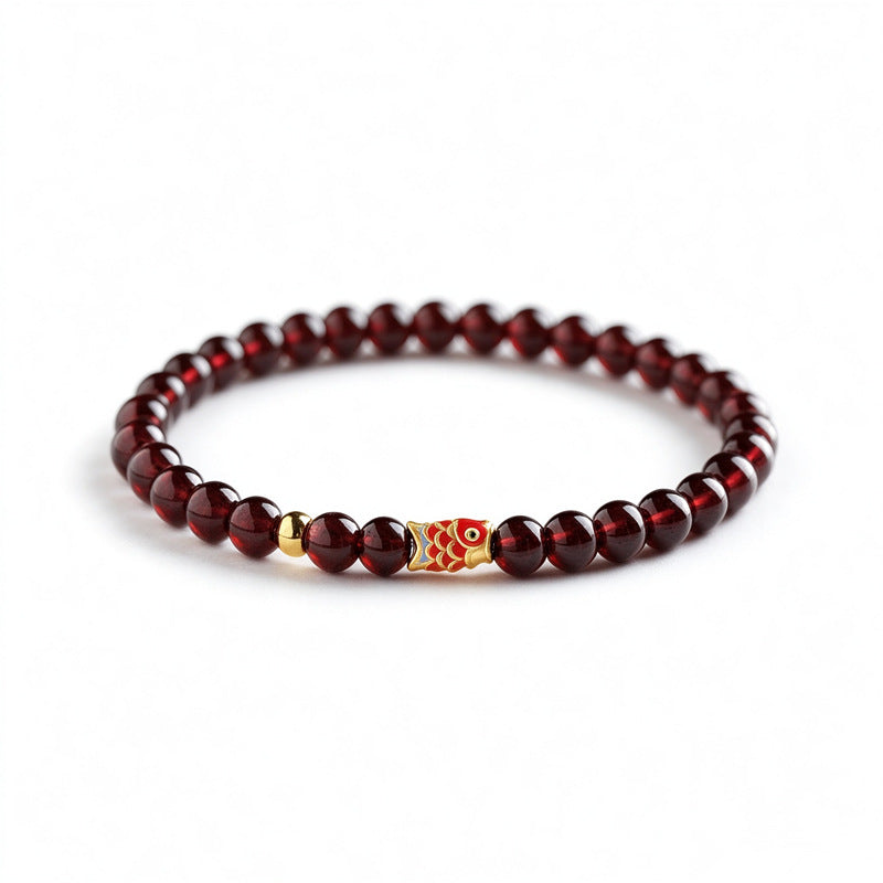 Single-wrap wine-red garnet bracelet with enamel koi fish accent