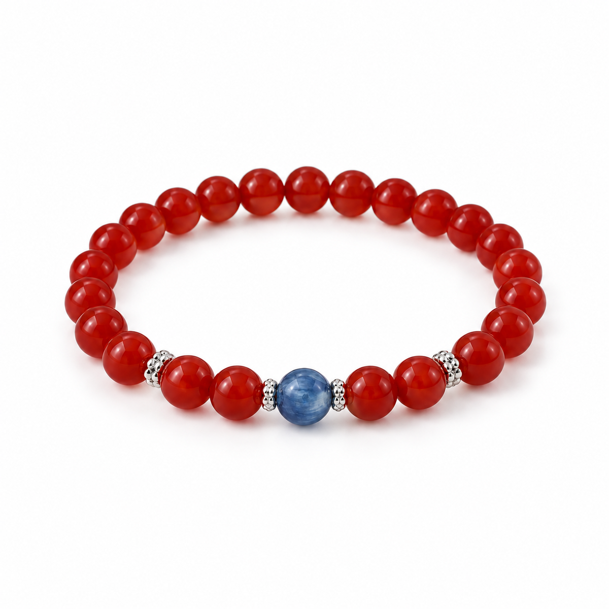 Red agate bracelet with a blue accent bead and silver-colored spacers