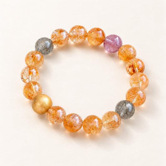 Citrine, Golden Rutilated Quartz & Tiger Eye Bracelet 10mm