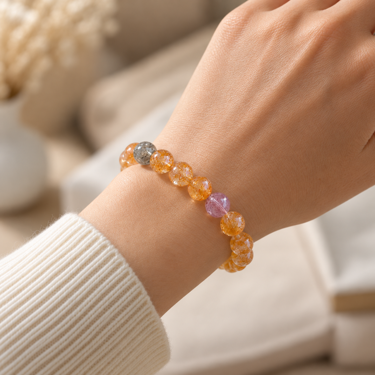 Armband aus Citrin, goldenem Rutilquarz und Tigerauge 10mm