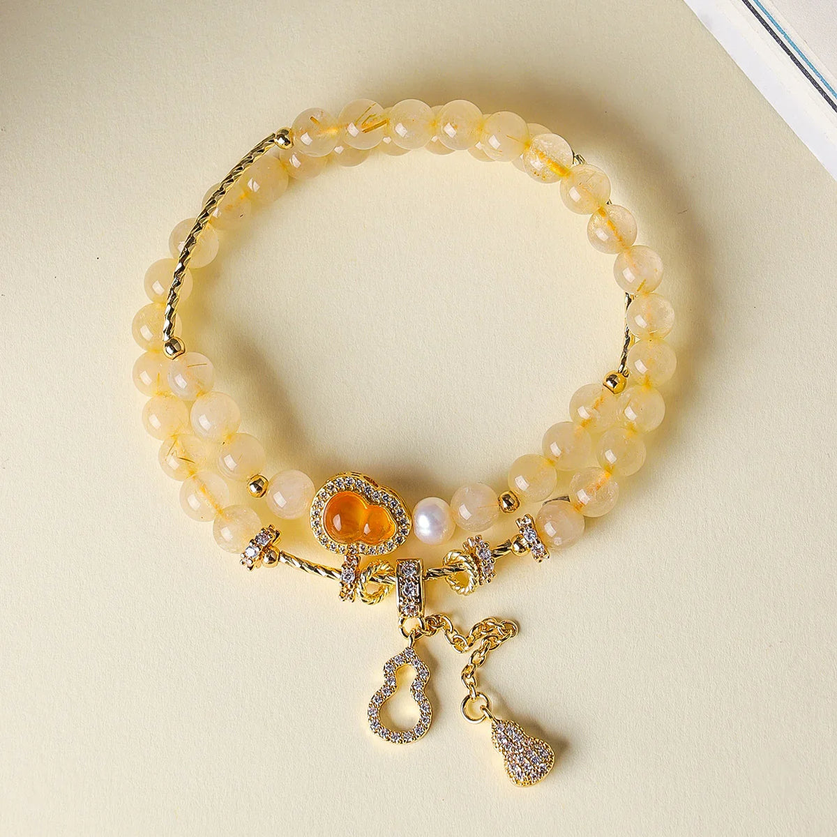 Yellow Tower Quartz Fu-Lu double-wrap bracelet with one freshwater pearl, 6mm