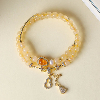 Yellow Tower Quartz Fu-Lu double-wrap bracelet with one freshwater pearl, 6mm