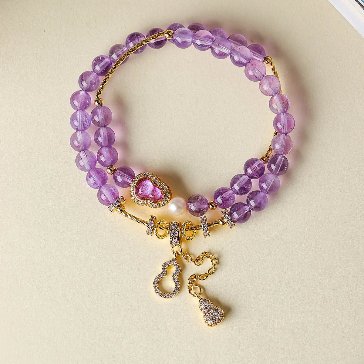Amethyst Fu-Lu double-wrap bracelet with one freshwater pearl, 6mm