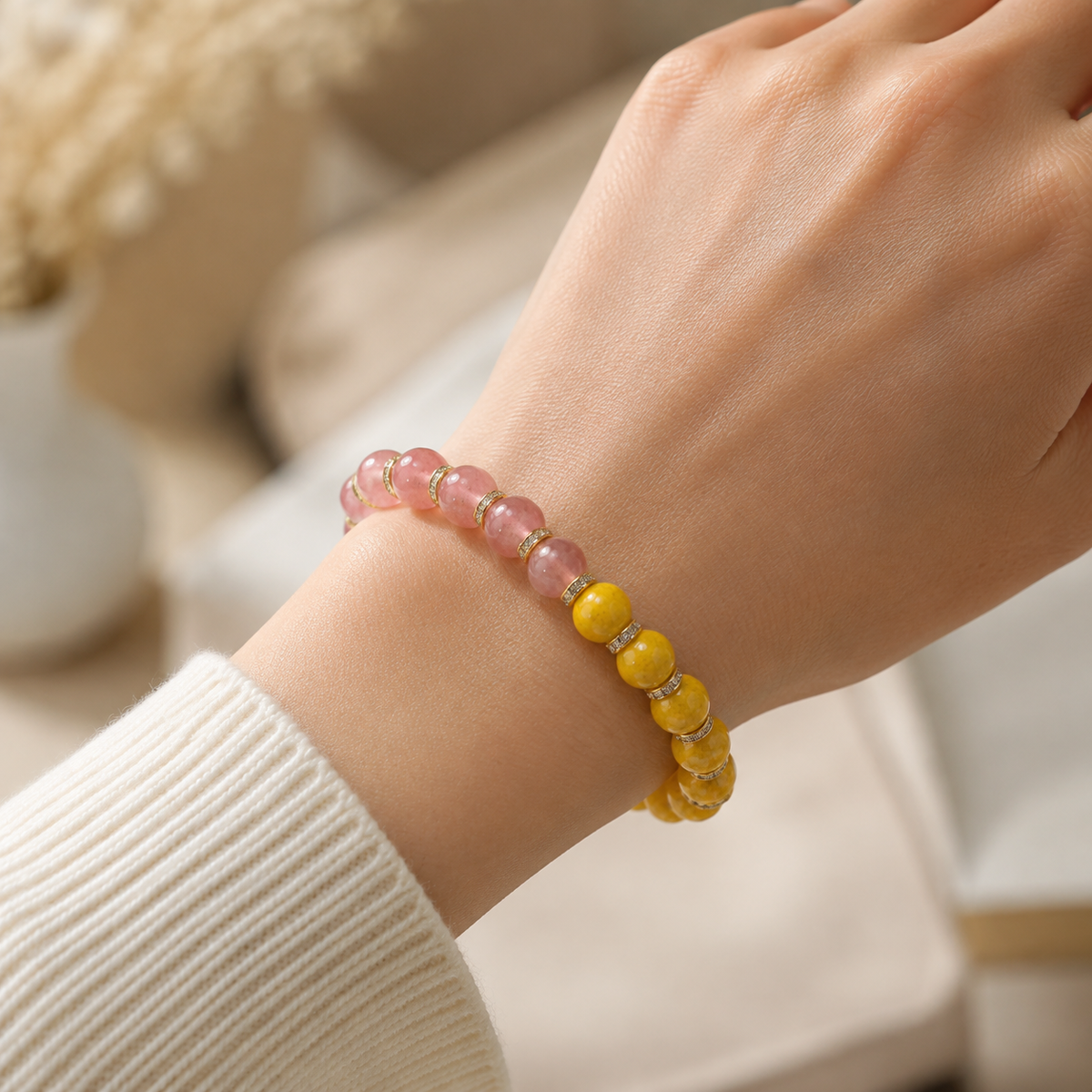 Strawberry quartz and cinnabar-style bracelet, product image 2 of 5