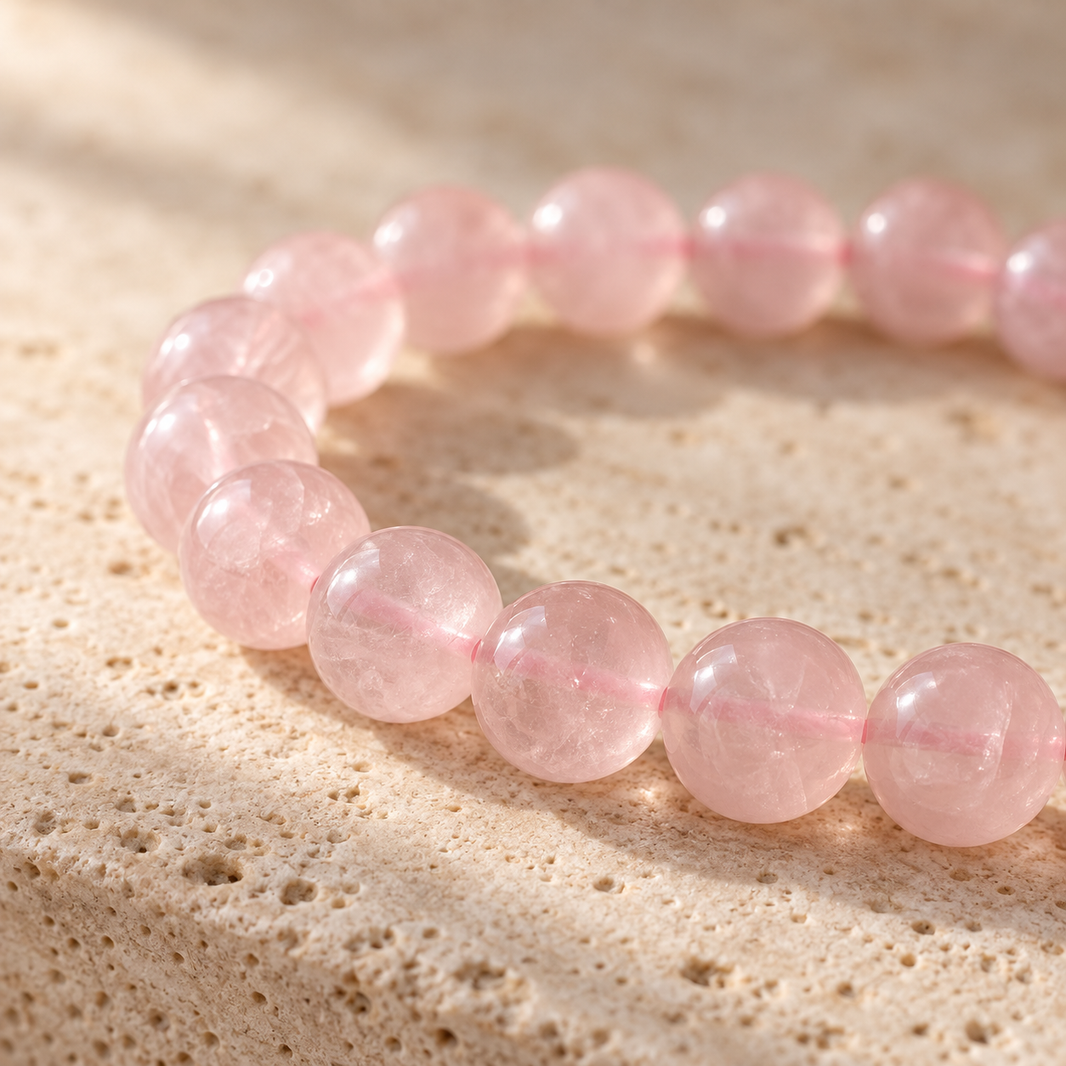 Natural Rose Quartz Bracelet – close-up of polished pink quartz beads and pink cord