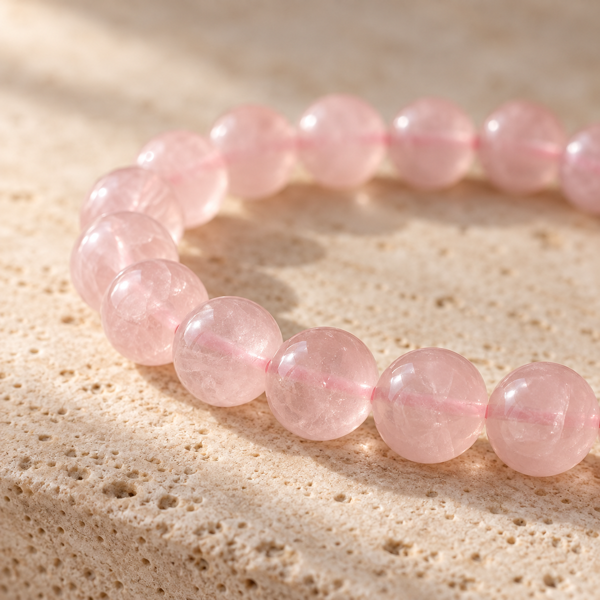 Natural Rose Quartz Bracelet – close-up of polished pink quartz beads and pink cord