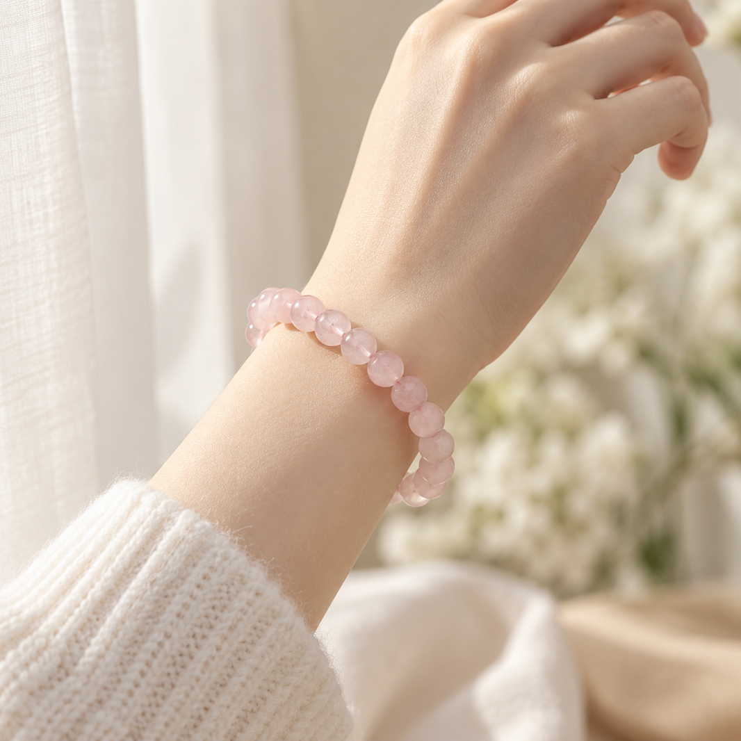 Natural Rose Quartz Bracelet – soft indoor wrist styling with cream knitwear