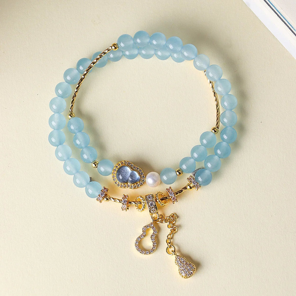 Blue Chalcedony Fu-Lu double-wrap bracelet with one freshwater pearl, 6mm