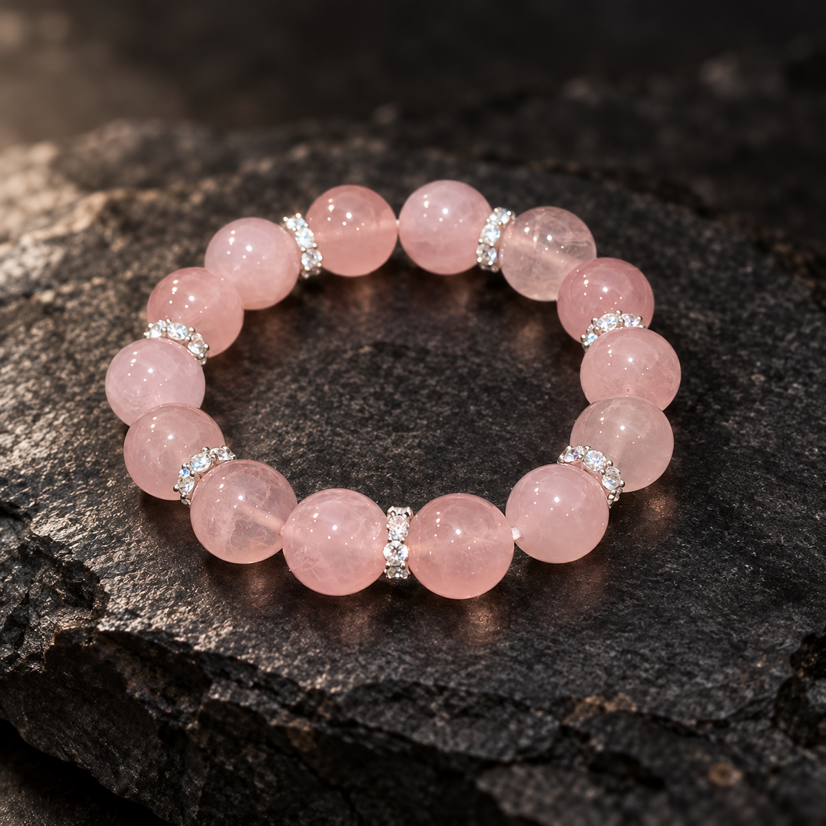 Full rose quartz bracelet on dark stone background