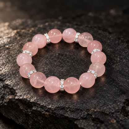Full rose quartz bracelet on dark stone background
