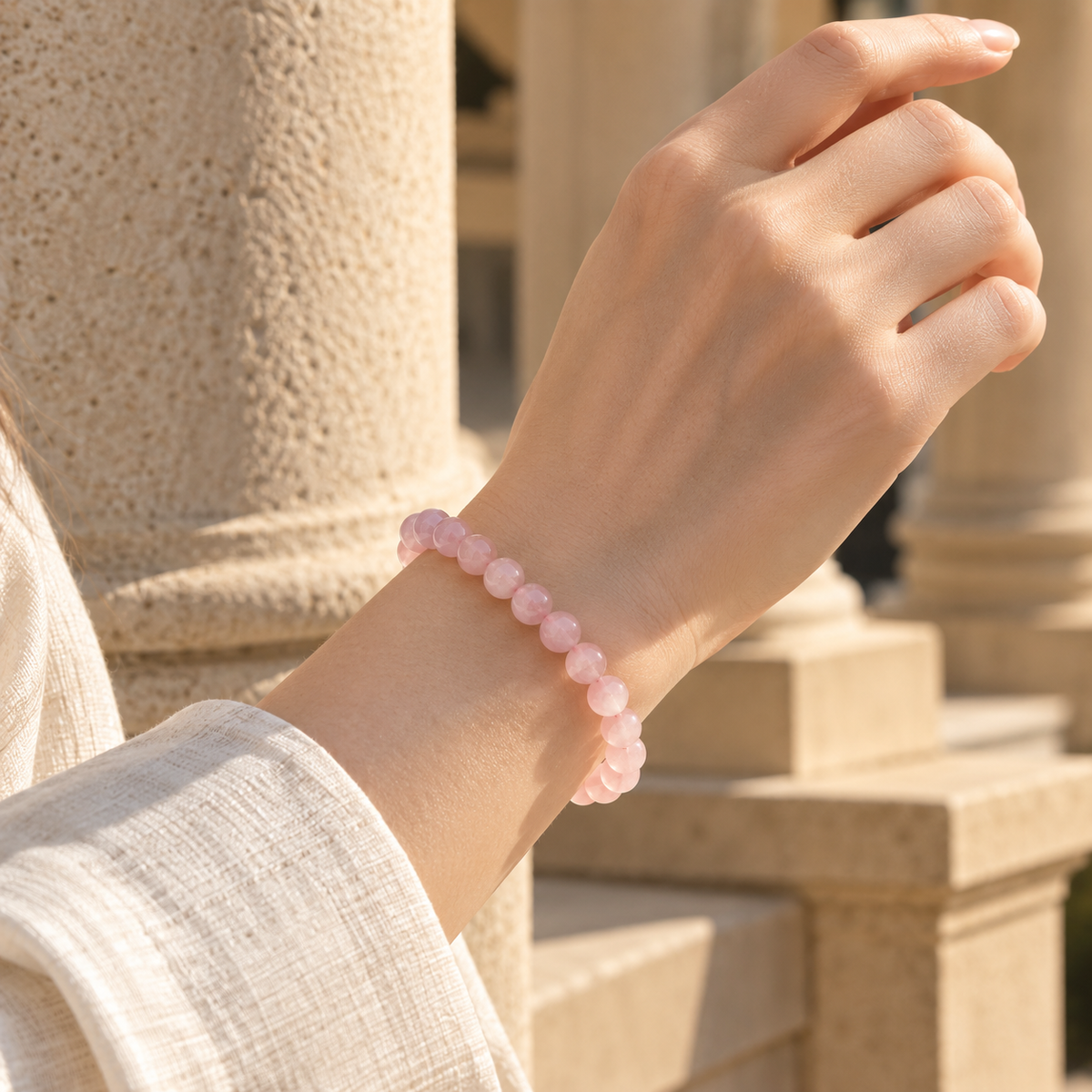 Natural Rose Quartz Bracelet – sunlit wrist view against warm stone architecture