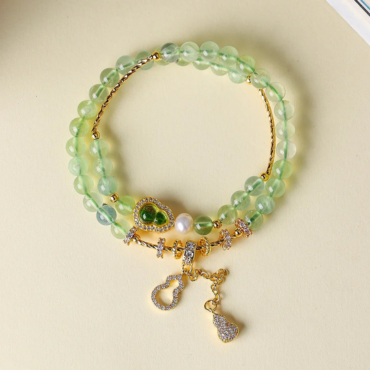 Prehnite Fu-Lu double-wrap bracelet with one freshwater pearl, 6mm