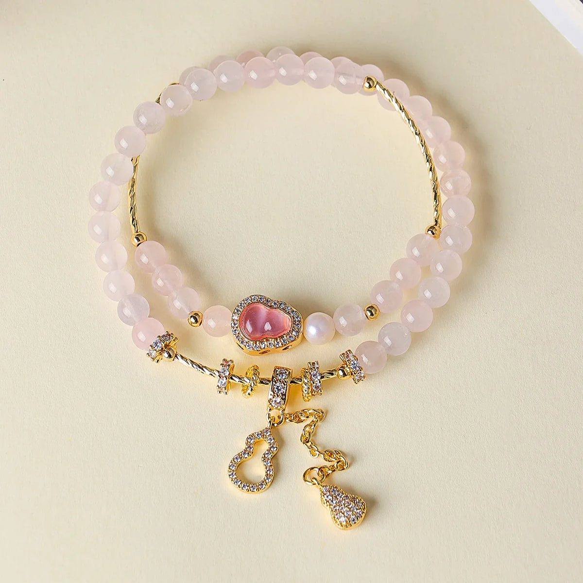 Rose Quartz Fu-Lu double-wrap bracelet with one freshwater pearl, 6mm
