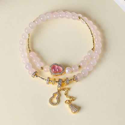 Rose Quartz Fu-Lu double-wrap bracelet with one freshwater pearl, 6mm