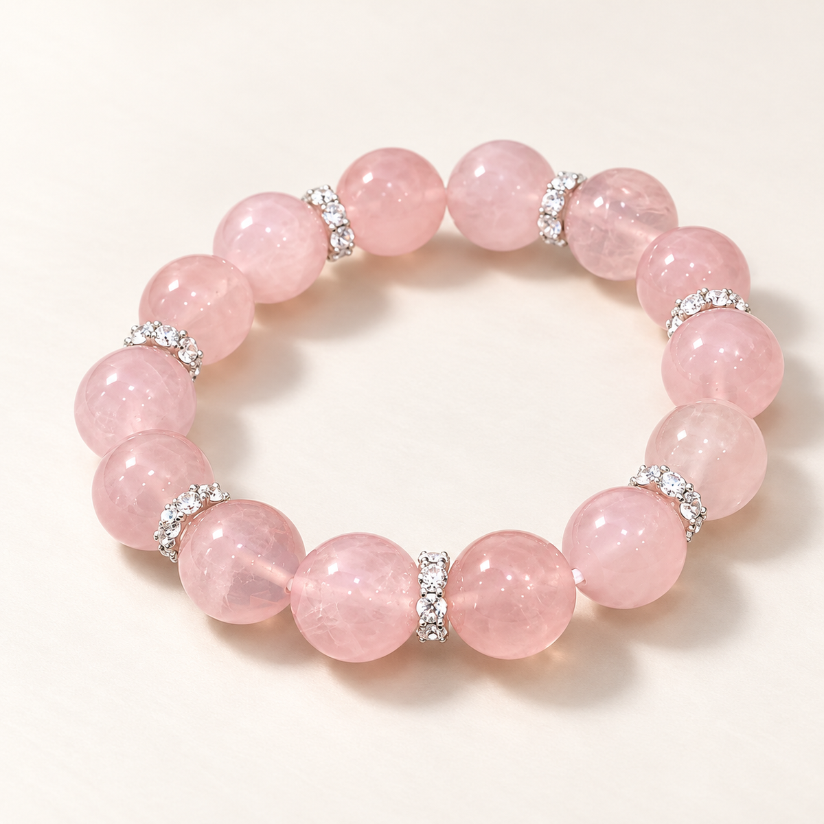 Three-quarter full view of the rose quartz bracelet