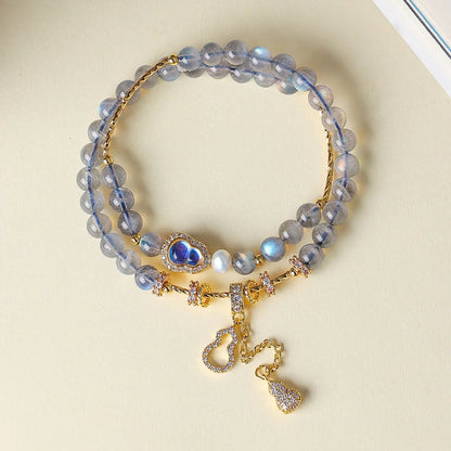 Gray Moonstone Fu-Lu double-wrap bracelet with one freshwater pearl, 6mm