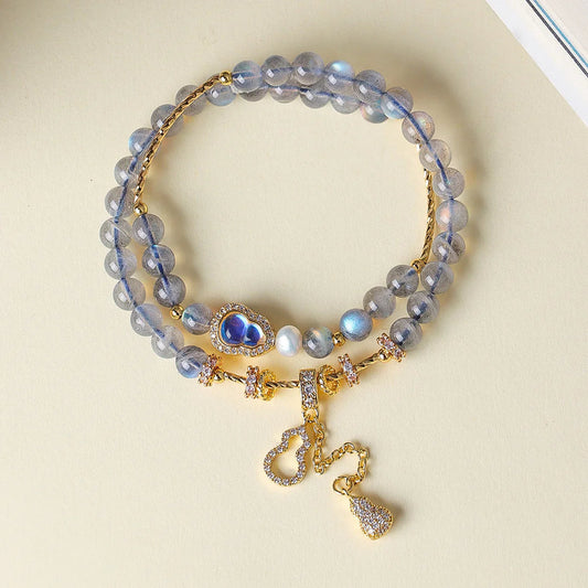 Gray Moonstone Fu-Lu double-wrap bracelet with one freshwater pearl, 6mm