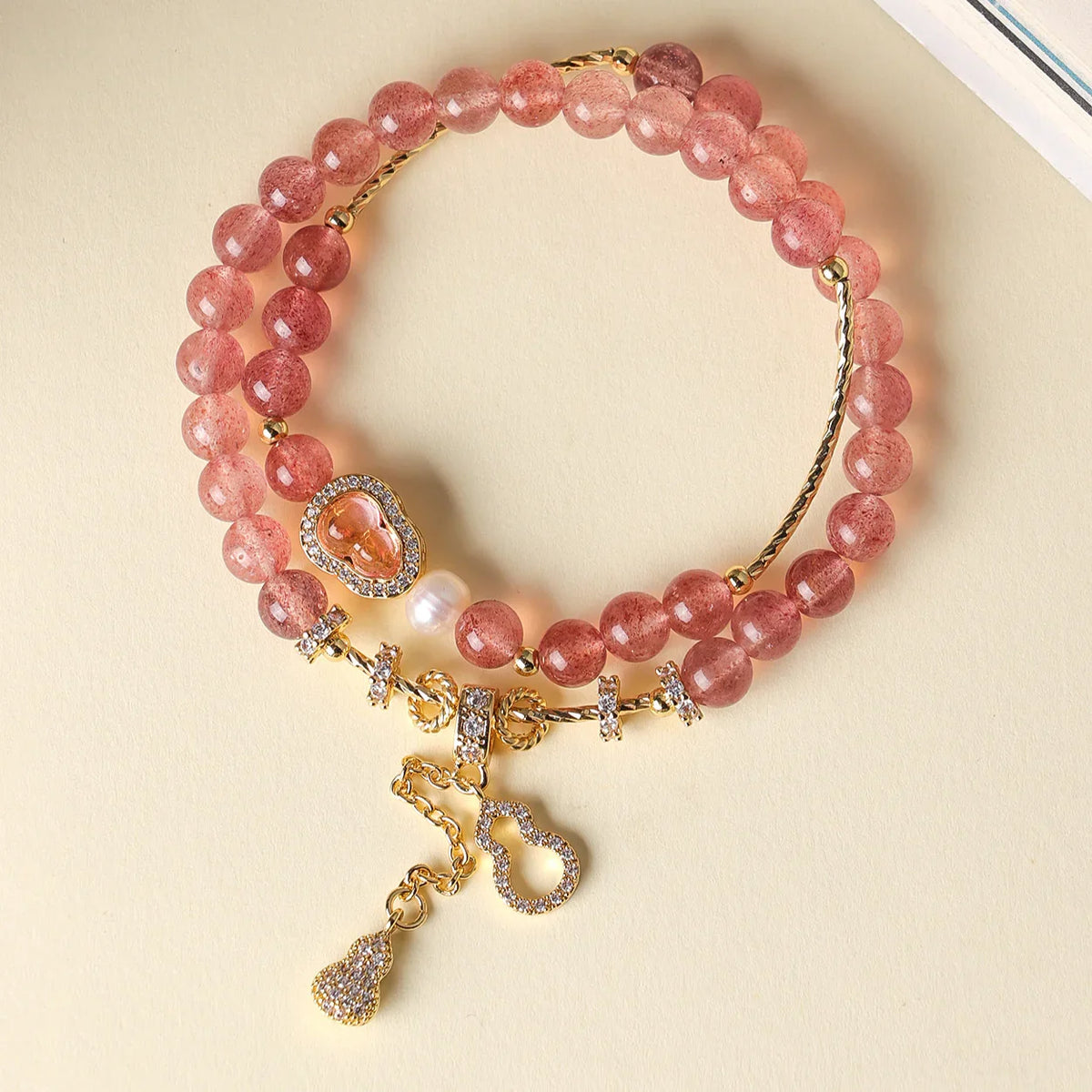 Strawberry Quartz Fu-Lu double-wrap bracelet with one freshwater pearl, 6mm