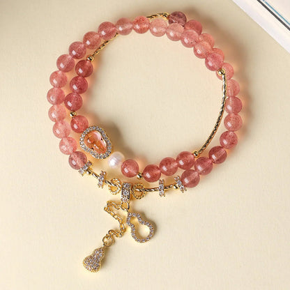 Strawberry Quartz Fu-Lu double-wrap bracelet with one freshwater pearl, 6mm