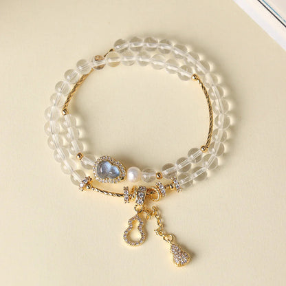 Clear Quartz Fu-Lu double-wrap bracelet with one freshwater pearl, 6mm
