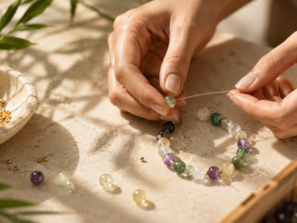 Natural gemstone bracelet being handcrafted