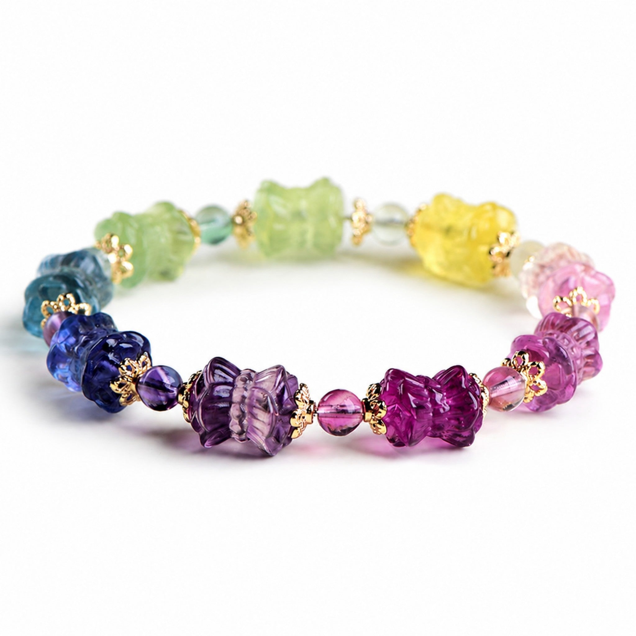 Chakra Balancing Fluorite Lotus Bracelet | Multi-Color Energy Stone, Spiritual Healing, Meditation Accessory