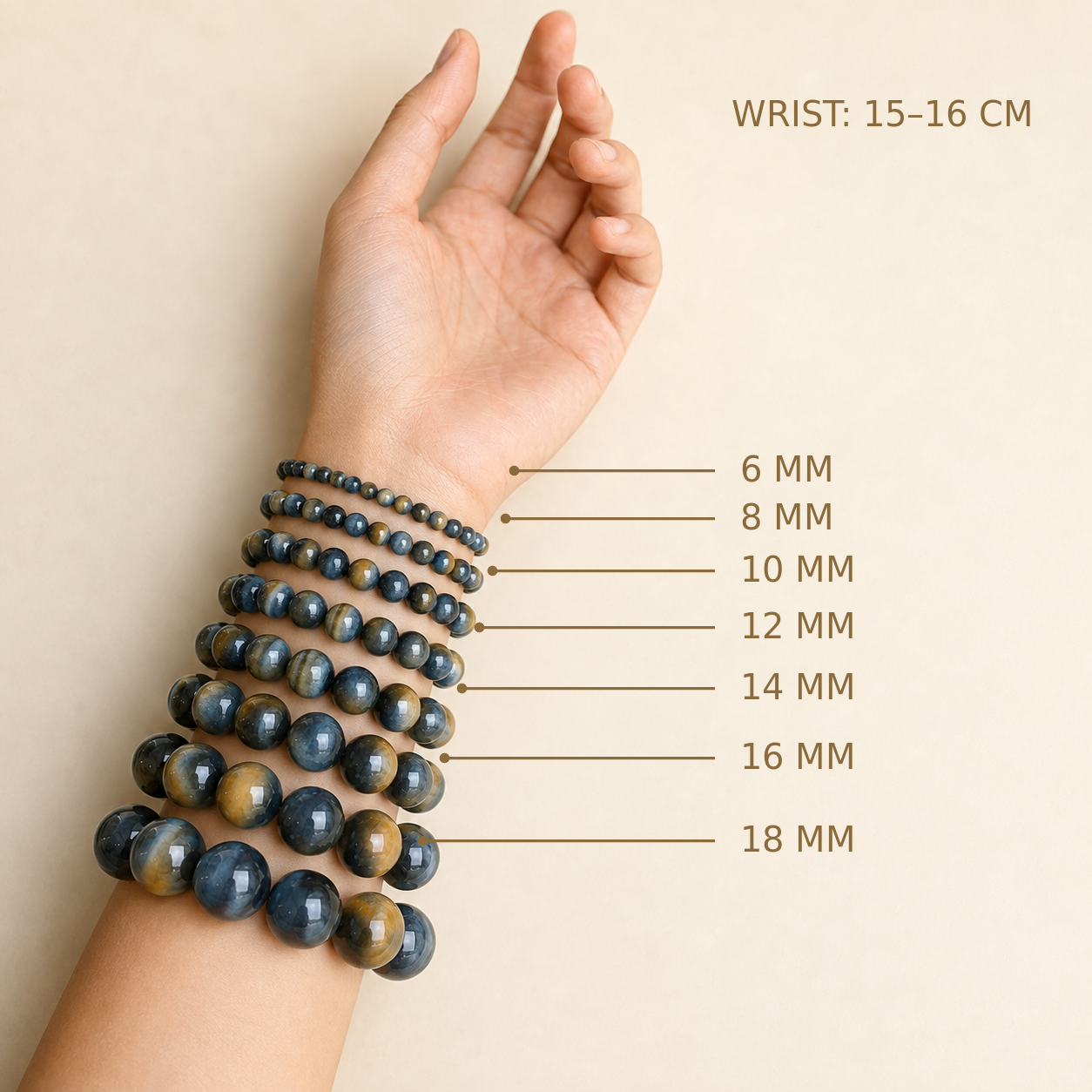 Blue Gold Tiger Eye – bead size comparison on a 15–16 cm wrist