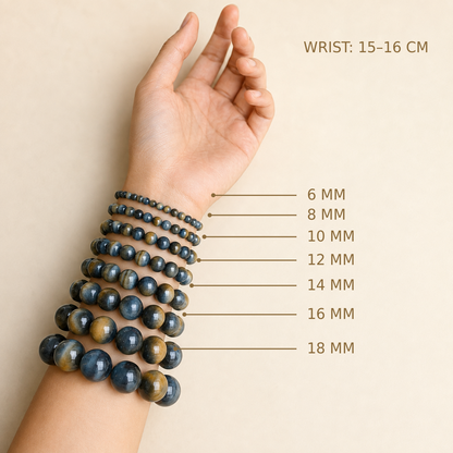Blue Gold Tiger Eye – bead size comparison on a 15–16 cm wrist