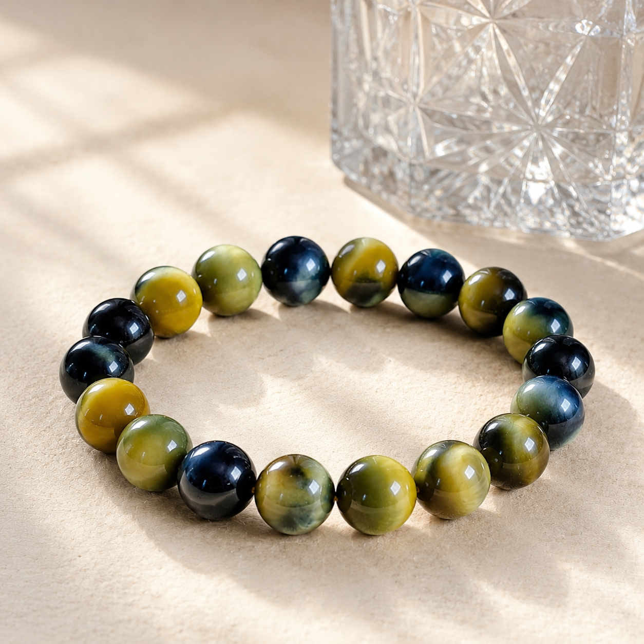 7A Blue Gold Tiger Eye Bracelet – Collector Grade – diagonal glass-bottle still life