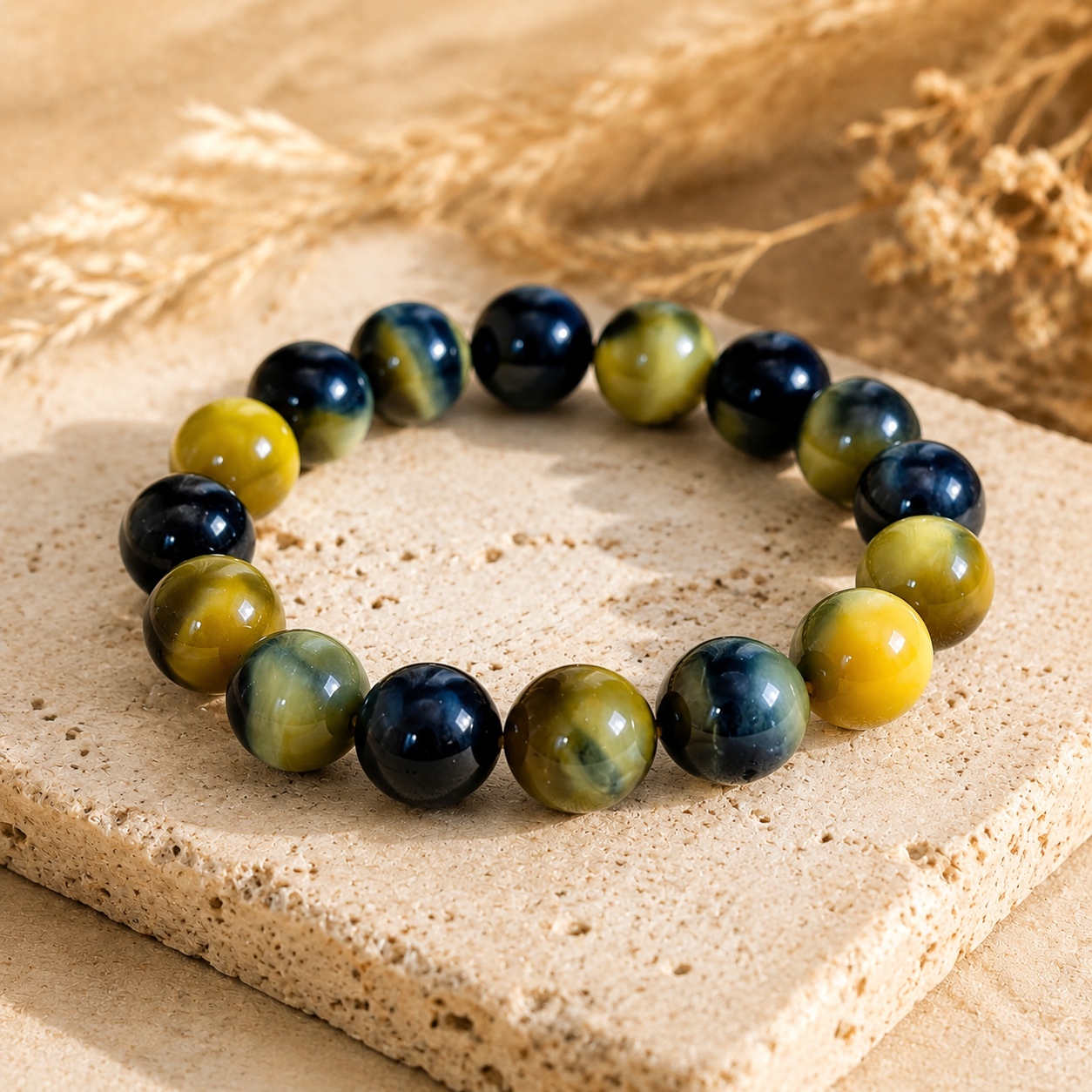 7A Blue Gold Tiger Eye Bracelet – Collector Grade – travertine and dried-flower still life