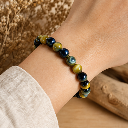 7A Blue Gold Tiger Eye Bracelet – Collector Grade – realistic on-wrist view